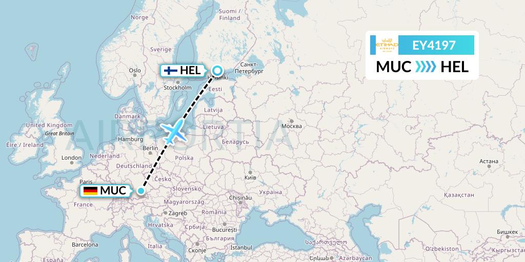 EY4197 Etihad Airways Flight Map: Munich to Helsinki