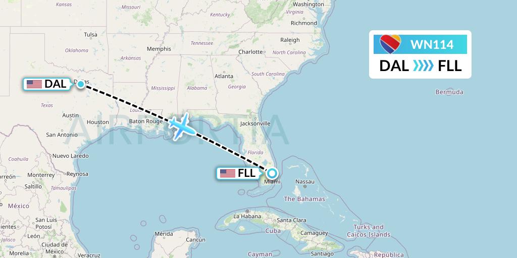 WN114 Southwest Airlines Flight Map: Dallas to Fort Lauderdale