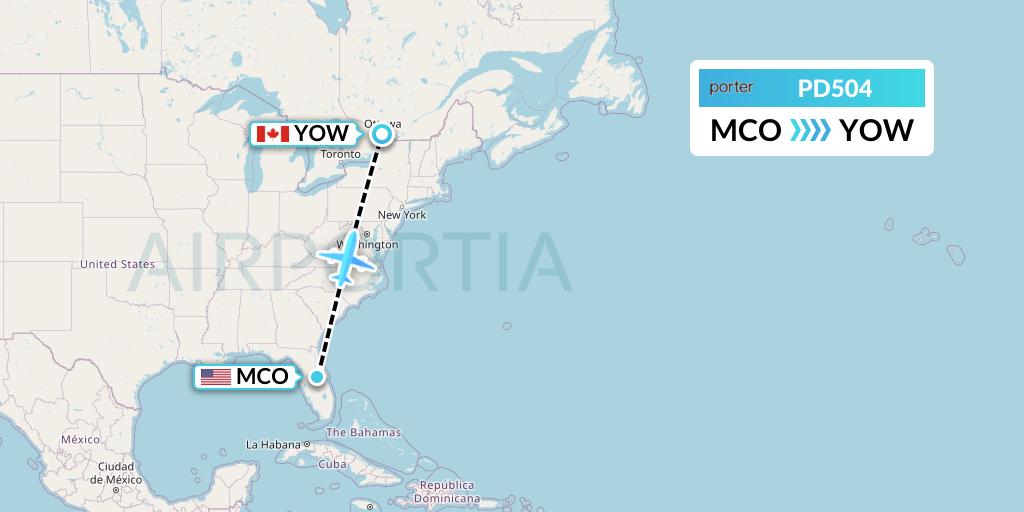 PD504 Porter Airlines Flight Map: Orlando to Ottawa