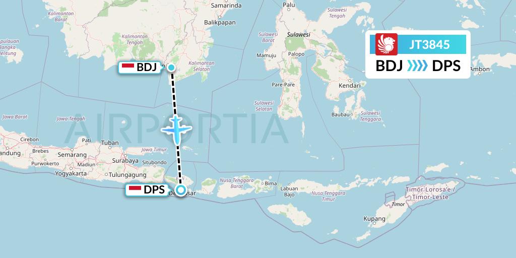 JT3845 Lion Airlines Flight Map: Banjarmasin to Denpasar