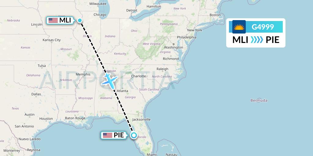 G4999 Allegiant Air Flight Map: Moline to St. Petersburg