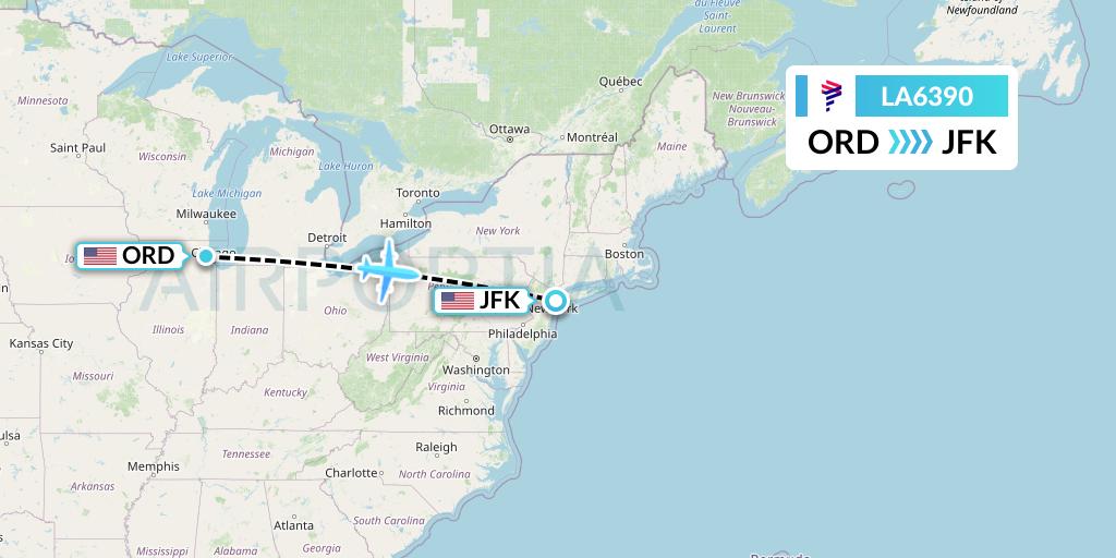 LA6390 LAN Airlines Flight Map: Chicago to New York