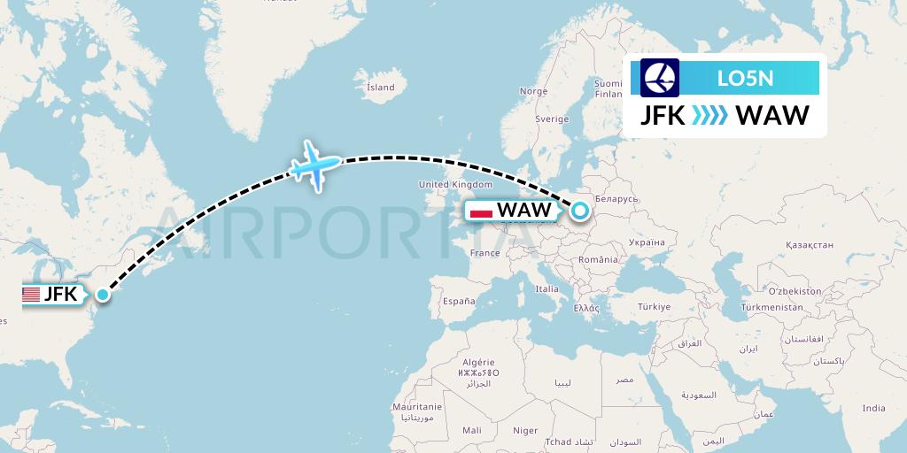 LO5N LOT Flight Map: New York to Warsaw