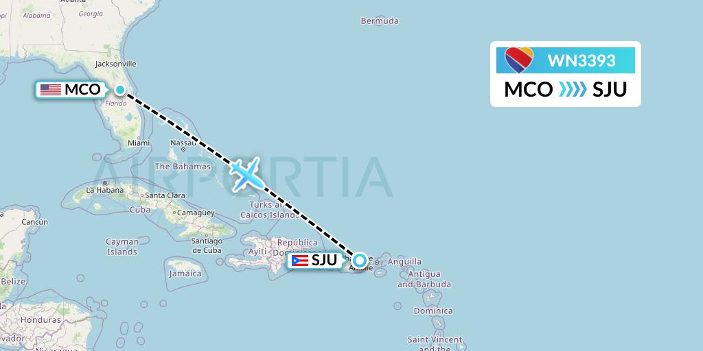 WN3393 Southwest Airlines Flight Map: Orlando to San Juan