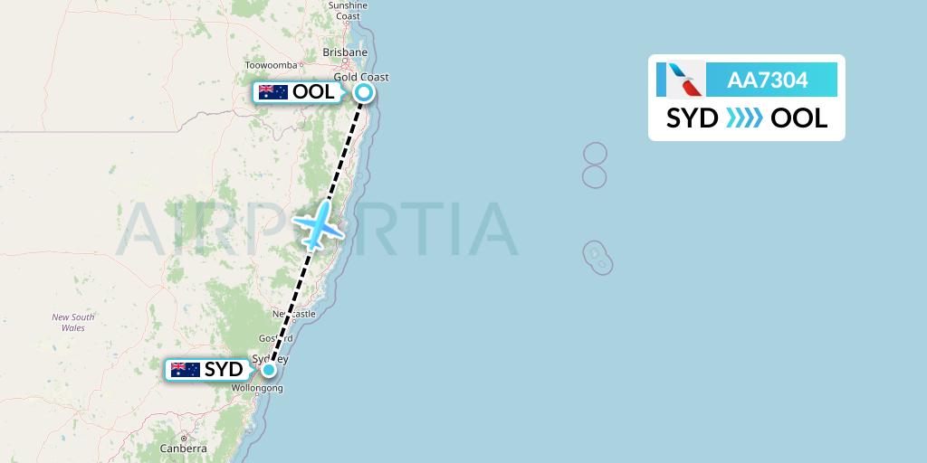 AA7304 American Airlines Flight Map: Sydney to Gold Coast