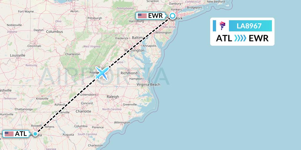 LA8967 LAN Airlines Flight Map: Atlanta to New York