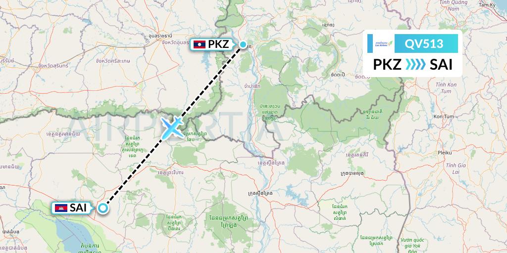 QV513 Lao Airlines Flight Map: Pakse to Siem Reap