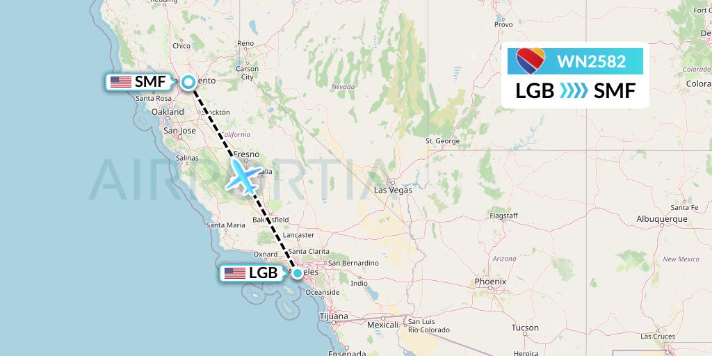 WN2582 Southwest Airlines Flight Map: Long Beach to Sacramento