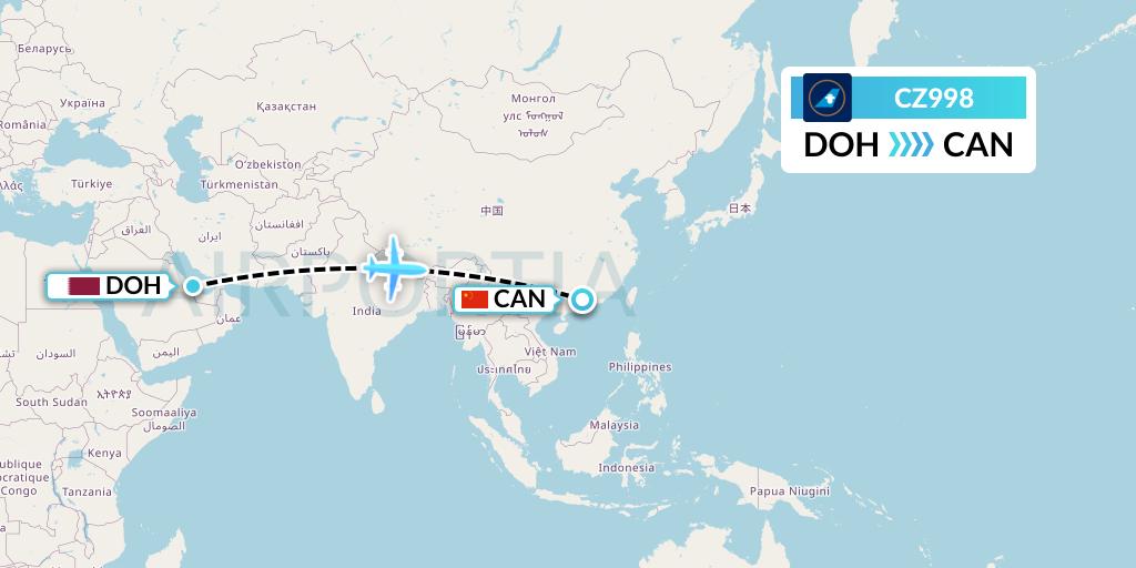 CZ998 China Southern Airlines Flight Map: Doha to Guangzhou