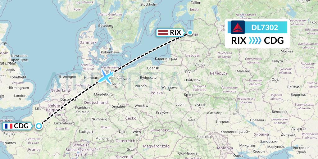 DL7302 Delta Air Lines Flight Map: Riga to Paris