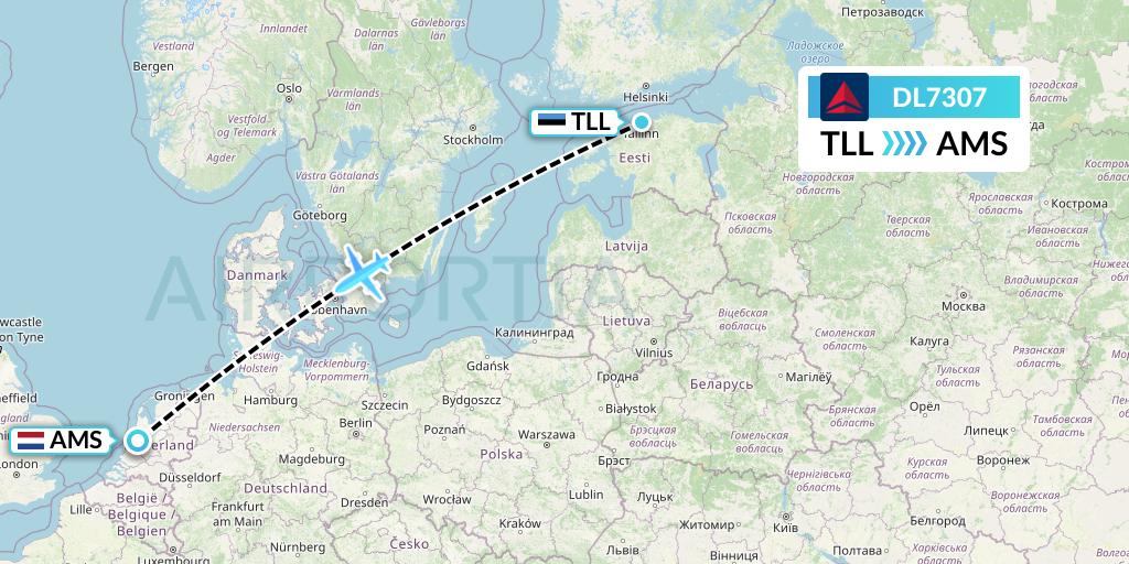 DL7307 Delta Air Lines Flight Map: Tallinn to Amsterdam