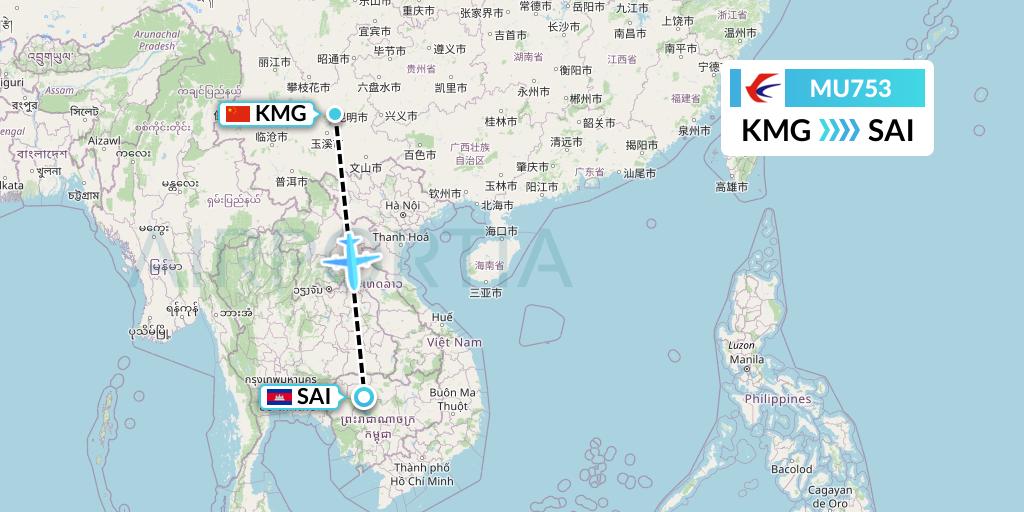 MU753 China Eastern Airlines Flight Map: Kunming to Siem Reap