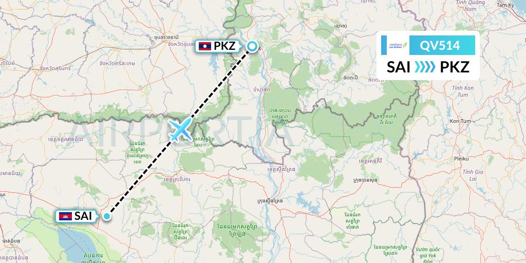 QV514 Lao Airlines Flight Map: Siem Reap to Pakse