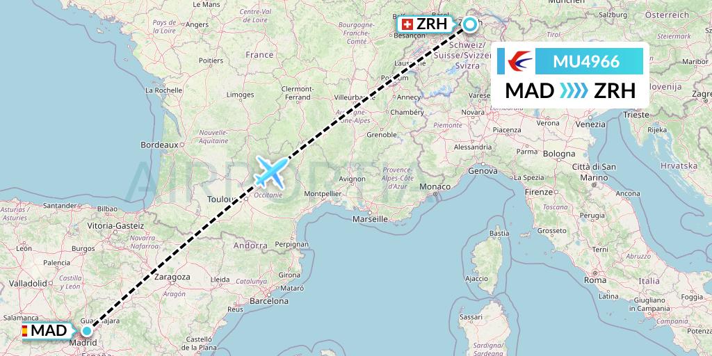 MU4966 China Eastern Airlines Flight Map: Madrid to Zurich