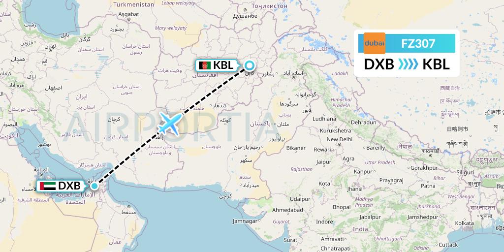 FZ307 FlyDubai Flight Map: Dubai to Kabul