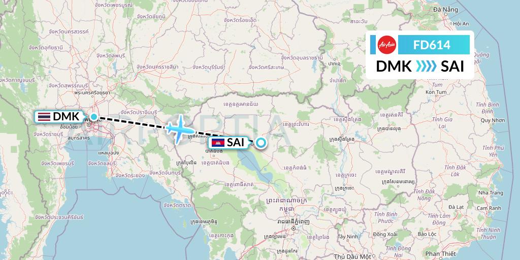 FD614 Thai AirAsia Flight Map: Bangkok to Siem Reap
