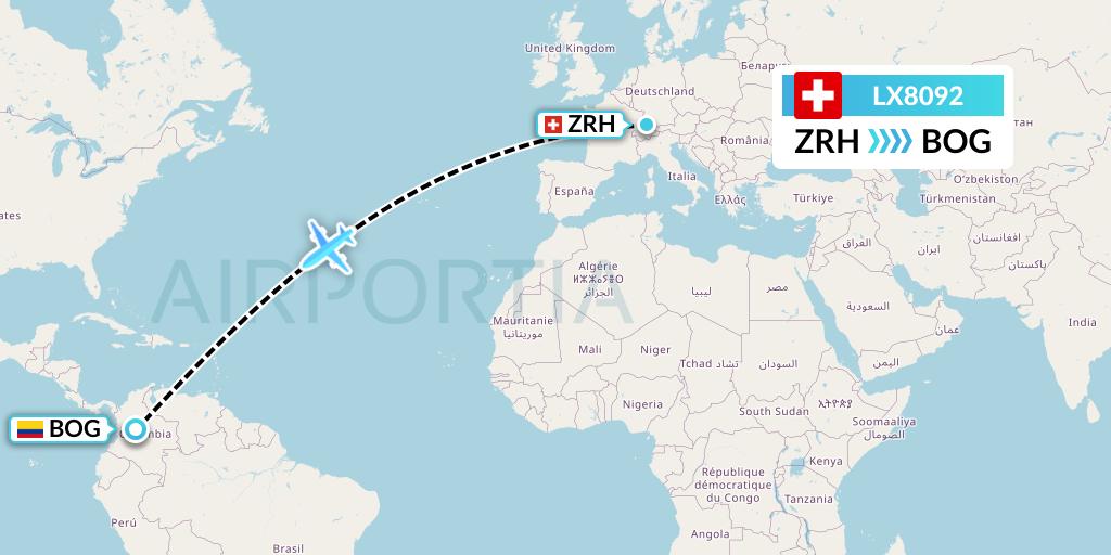 LX8092 Swiss Flight Map: Zurich to Bogota