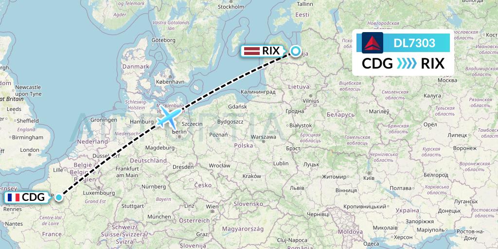 DL7303 Delta Air Lines Flight Map: Paris to Riga