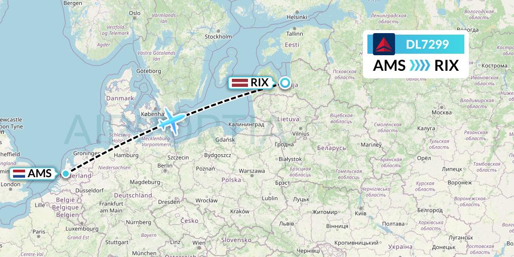 DL7299 Delta Air Lines Flight Map: Amsterdam to Riga