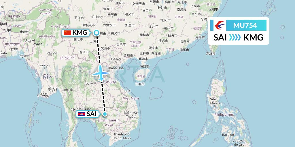 MU754 China Eastern Airlines Flight Map: Siem Reap to Kunming
