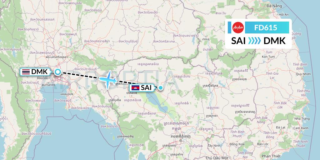 FD615 Thai AirAsia Flight Map: Siem Reap to Bangkok