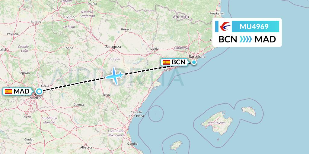 MU4969 China Eastern Airlines Flight Map: Barcelona to Madrid