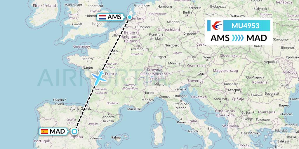 MU4953 China Eastern Airlines Flight Map: Amsterdam to Madrid