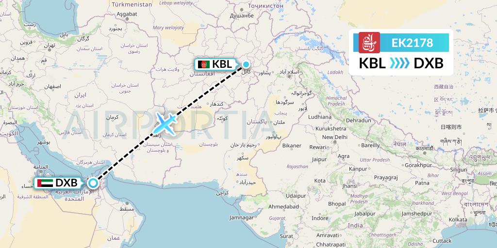 EK2178 Emirates Flight Map: Kabul to Dubai