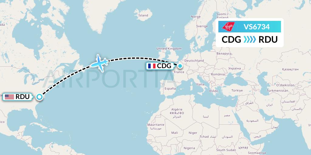 VS6734 Virgin Atlantic Airways Flight Map: Paris to Raleigh-Durham