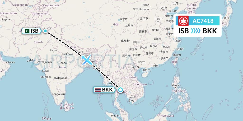 AC7418 Air Canada Flight Map: Islamabad to Bangkok