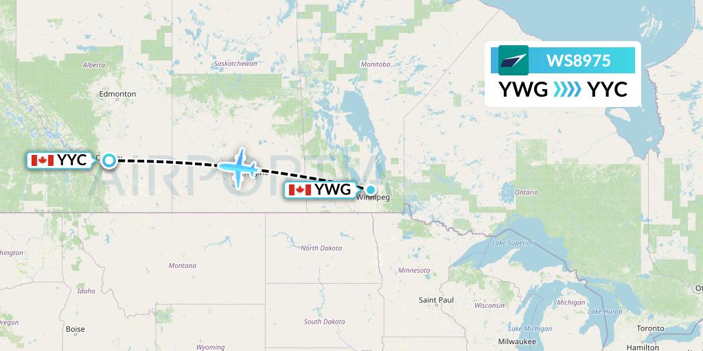 WS8975 WestJet Flight Map: Winnipeg to Calgary