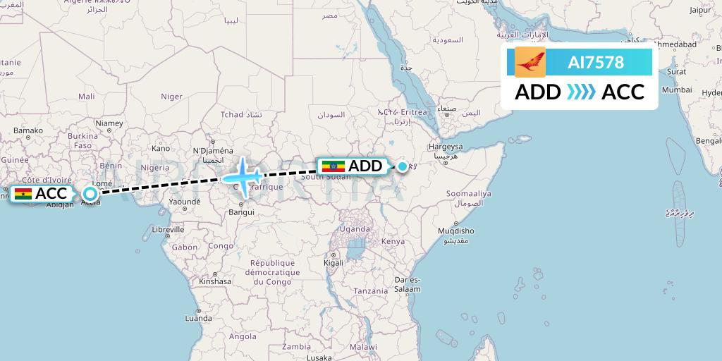 AI7578 Air India Flight Map: Addis Ababa to Accra