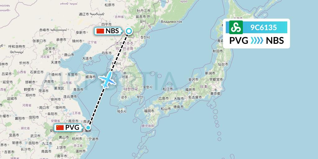 9C6135 Spring Airlines Flight Map: Shanghai to Baishan