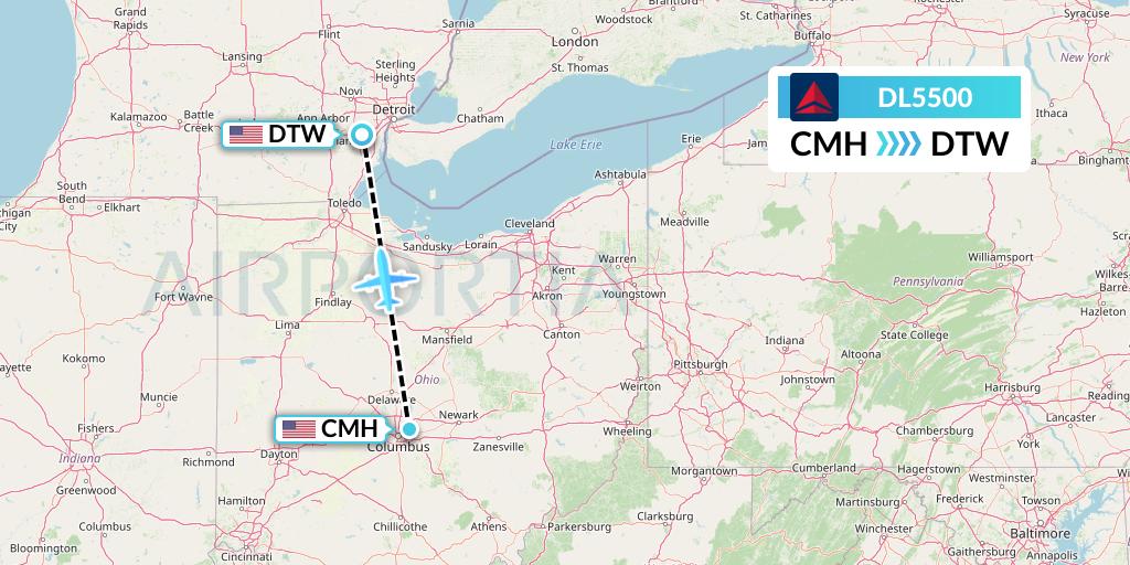 DL5500 Delta Air Lines Flight Map: Columbus to Detroit
