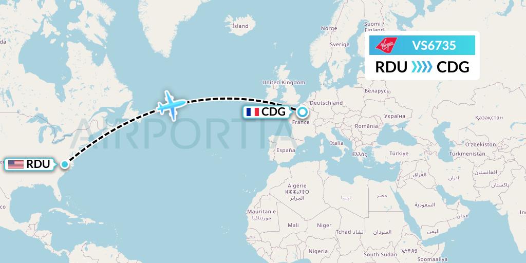 VS6735 Virgin Atlantic Airways Flight Map: Raleigh-Durham to Paris