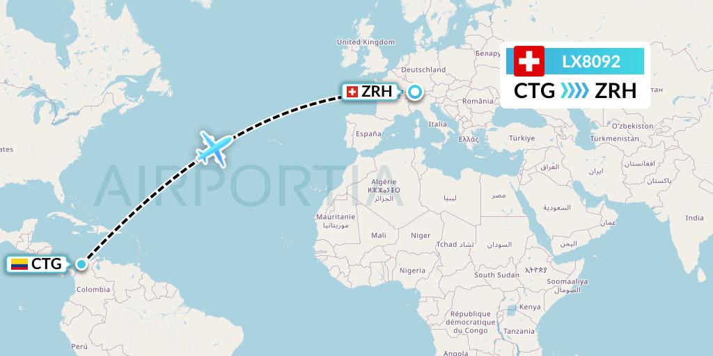LX8092 Swiss Flight Map: Cartagena to Zurich