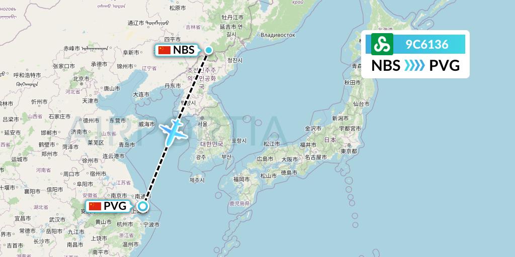 9C6136 Spring Airlines Flight Map: Baishan to Shanghai