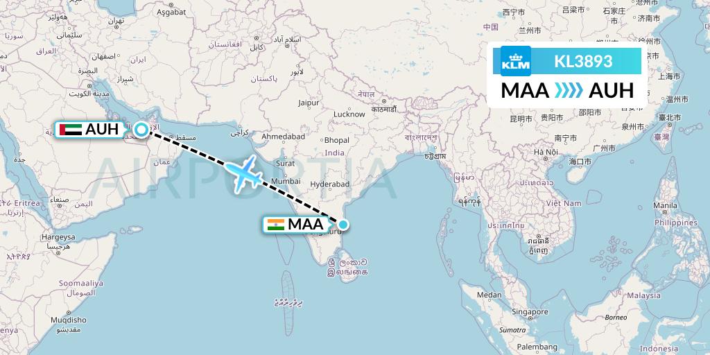 KL3893 KLM Flight Map: Chennai to Abu Dhabi