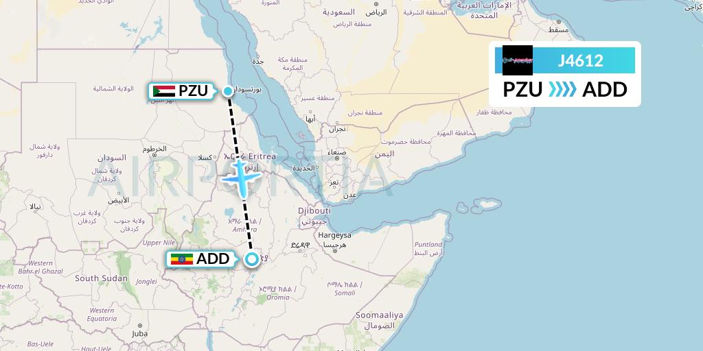 J4612 Badr Airlines Flight Map: Port Sudan to Addis Ababa
