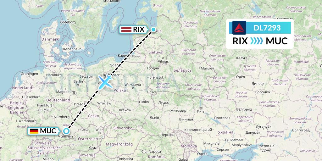 DL7293 Delta Air Lines Flight Map: Riga to Munich