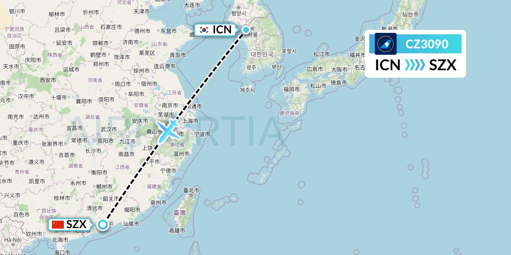 CZ3090 China Southern Airlines Flight Map: Seoul to Shenzhen