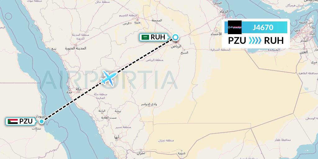 J4670 Badr Airlines Flight Map: Port Sudan to Riyadh