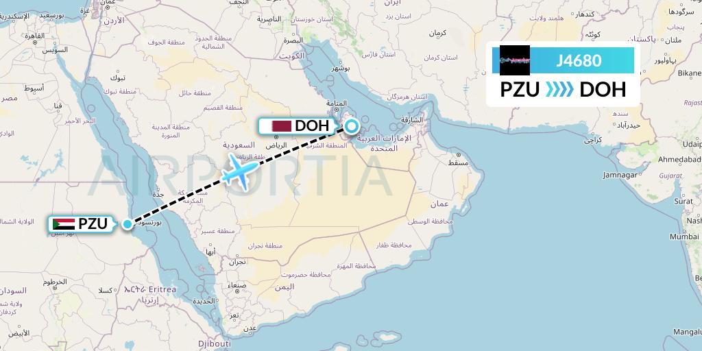 J4680 Badr Airlines Flight Map: Port Sudan to Doha