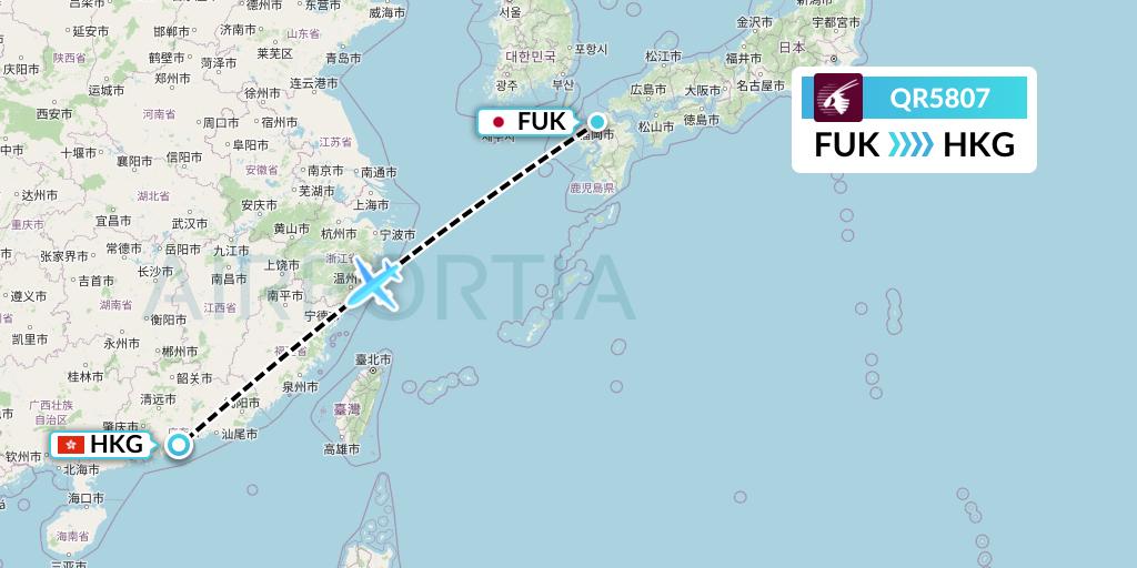QR5807 Qatar Airways Flight Map: Fukuoka to Hong Kong