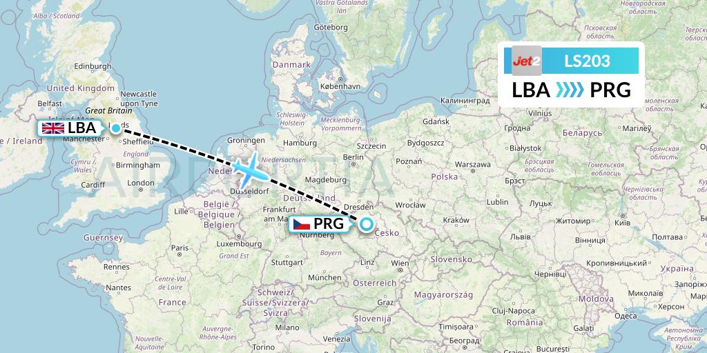 LS203 Jet2 Flight Map: Leeds to Prague