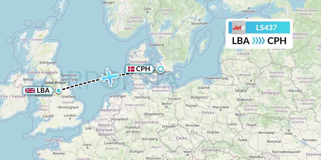 LS437 Jet2 Flight Map: Leeds to Copenhagen