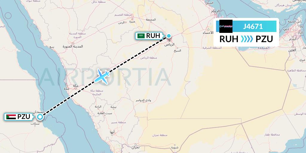 J4671 Badr Airlines Flight Map: Riyadh to Port Sudan
