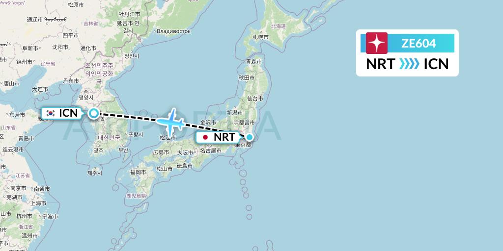 ZE604 Eastar Jet Flight Map: Tokyo to Seoul