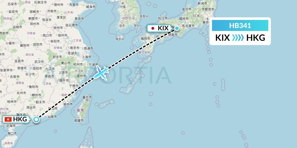 HB341 Greater Bay Airlines Flight Map: Osaka to Hong Kong