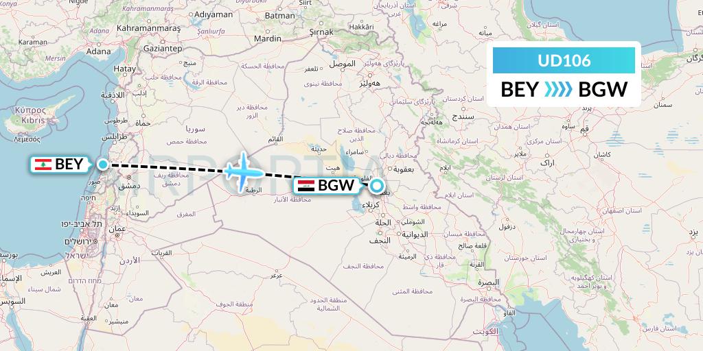 UD106 UR Airlines Flight Map: Beirut to Baghdad